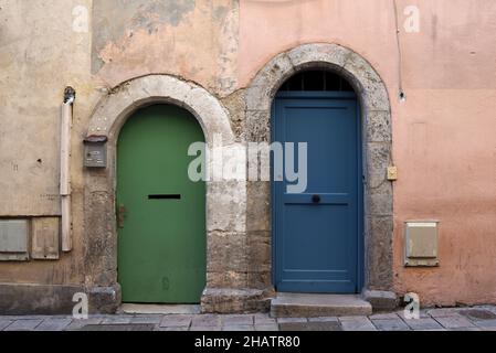 Pair of Old Front Doors in the Old Town or Historic District Toulon Var Provence France Stock Photo