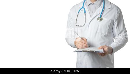 male doctor writing notes in medical journal. Doctor standing in office at clinic. Male doctor holding medical records. healthcare concept on modern c Stock Photo