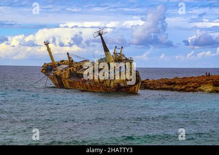 The wreck of the Edro III near Coral Bay, Paphos, Cyprus Stock Photo