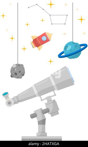 Astronomy concept. Telescope and hanging planets. Star learning Stock Vector