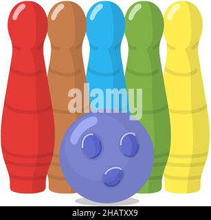 Bowling for children. Colorful pins and ball. Sport game icon Stock Vector
