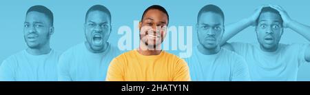Portrait of smiling young black man showing emotions Stock Photo
