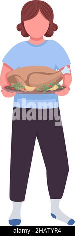 Person with cooked turkey semi flat color vector character Stock Vector