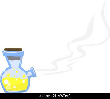 Chemistry reaction. Smoking two neck flask with yellow liquid Stock Vector