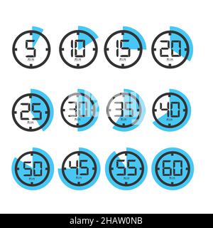 Stopwatch icons showing time. 5 - 60 minutes or seconds. Set of minimalist vector timers. Kitchen timer concept. Stock Vector