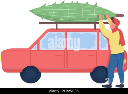 Man secures tree on car semi flat color vector character Stock Vector