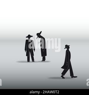 silhouettes of three male figures in raincoats and hats. one guiltily bowed his head in front of the other, the third leaves with his head raised Stock Vector