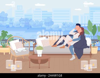Date on rooftop flat color vector illustration Stock Vector