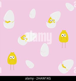 Delicate seamless pattern with cute yellow chickens in a cracked egg and eggshell on a pink background. baby fabric design. Stock Vector
