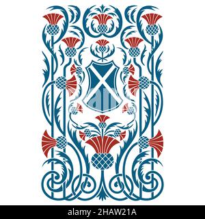 Celtic plant ornamentation. Intertwined thistle leaves and flowers. Heraldic shield, symbol of Scotland Stock Vector