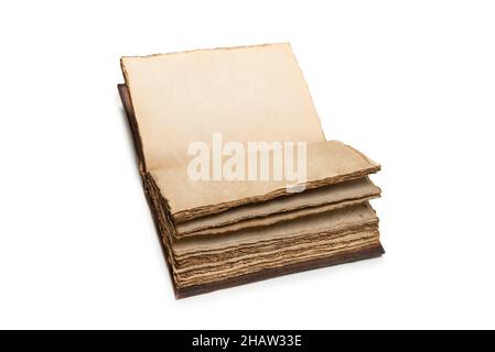An open empty old notebook isolated on a white background. Copy space. Stock Photo