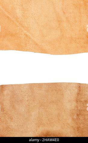 Two pieces of brown leather with a space for text isolated on white background. Stock Photo