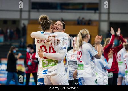 Barcelona, Spain, 14/12/2021, Line Haugsted and Rikke Iversen of Denmark celebrate the victory during the IHF Women's World Championship 2021, Quarter Final handball match between Denmark and Brazil on December 14, 2021 at Palau d'Esports de Granollers in Granollers, Barcelona, Spain - Photo: Javier Borrego/DPPI/LiveMedia Stock Photo