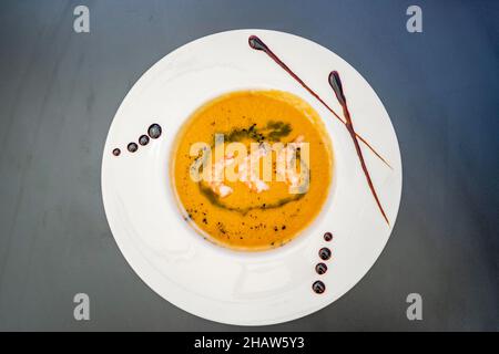 Salmorejo cold soup served with shrimps in Sierra Nevada, Spain Stock Photo