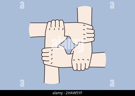 People put join hands together show team unity and bond. Diverse employees or workers engaged in teambuilding activity. Teamwork and cooperation concept. Flat vector illustration.  Stock Vector