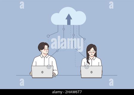 Businesspeople work on computers using cloud service. Employees or colleague busy with laptops take advantage of remote storage online. Modern technology for office job. Vector illustration.  Stock Vector