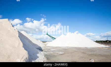 Salt mountains at the Salinas dEs Trenc salt works, Flor de Sal, Es Trenc, Ses Salines, Majorca, Spain Stock Photo