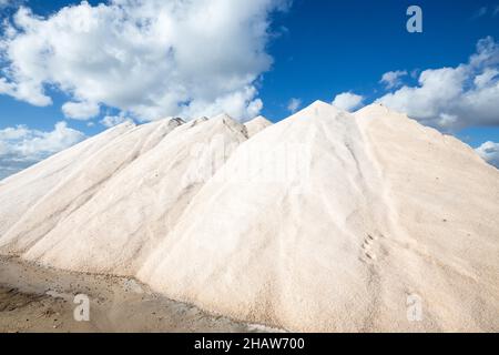 Salt mountains at the Salinas dEs Trenc salt works, Flor de Sal, Es Trenc, Ses Salines, Majorca, Spain Stock Photo