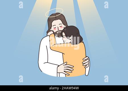 Jesus hug comfort crying girl child feel supportive show love and care. Christ embrace support unhappy sad kid distressed with problems. Faith and religion. Believer in God. Vector illustration.  Stock Vector