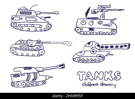 Comic cartoons tanks. Vector sketches set. Really children's drawing. Stock Vector