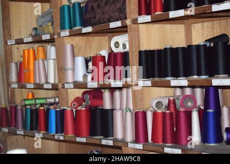 Old Indonesian textile factory. Threads. Stock Photo