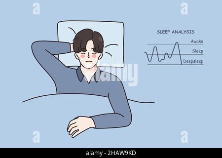 Calm young man asleep in bed have sleep analysis diagram near. Relaxed guy rest nap dream at home in bedroom, analyze deepsleep and awake. Diagnostic app or tracker. Vector illustration.  Stock Vector