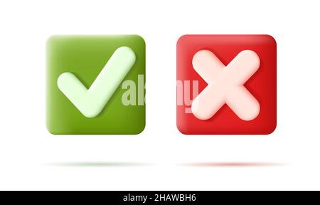 Tick and Cross Sign icons on 3d volume square buttons of green and red colors, isolated Stock Vector
