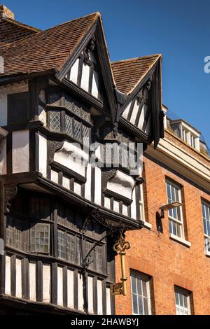 UK, England, Gloucestershire, Tewkesbury, High Street, Golden Key outside the House of the nodding Gables, historic jettied timber framed building Stock Photo