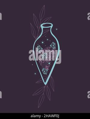 Potion crystals magic bottle witchcraft magic, doodle boho style. Vector illustration Stock Vector