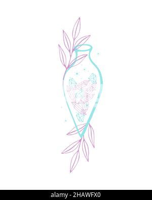 Potion crystals magic bottle witchcraft magic, doodle boho style. Isolated, white background. Vector illustration Stock Vector