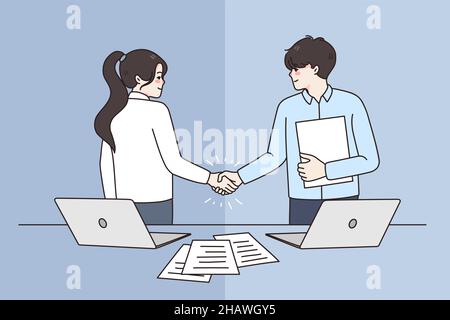 Happy businesspeople shake hands get acquainted greet at office meeting. Smiling diverse business partners handshake close deal make agreement after negotiation. Partnership. Vector illustration.  Stock Vector