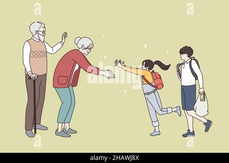 Excited small kids visit elderly grandparents. Happy mature grandmother and grandfather meet happy little grandchildren. Family bonding and reunion. Older and younger generation. Vector illustration.  Stock Vector