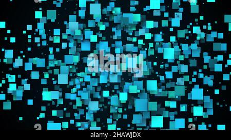 Geometric wave from scattering 3d render cubes. Digital futuristic panorama of data processing and information clusters. Dynamic virtual flow of pixel Stock Photo