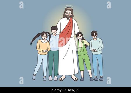 Happy Jesus hug cuddle small smiling children show love and care. Attentive Christ embrace little kids. Christianity religion. Faith and superstition concept. Vector illustration, cartoon character.  Stock Vector