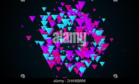 Flying and attracting digital 3d render of pyramids with different sizes. Futuristic panorama of data processing and information clusters. Dynamic vir Stock Photo