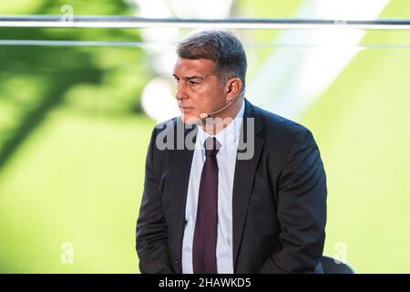 Nou Camp, Barcelona, Spain. 15th Dec, 2021. Sergio Kun Aguero press conference: Joan Laporta FC Barcelona president during the press conference at Camp Nou Stadium, where he announced Aguero's retirement from playing football due to his doctors instructions on a heart related issue. Credit: Action Plus Sports/Alamy Live News Stock Photo