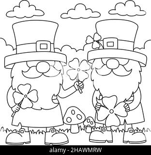 St. Patricks Day 2 Gnomes Coloring Page for Kids Stock Vector