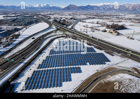 Aerial view of solar panels on a sunny winter day Stock Photo