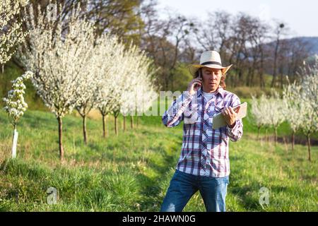 Farmer using smartphone and digital tablet while inspecting blooming fruit trees in orchard. Gardener with straw hat using modern technology Stock Photo
