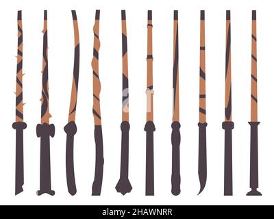 Magic wands icon set isolated on white background. Different types of magic wands. Tool of the wizard and sorcerer. Magic items. Vector illustration Stock Vector