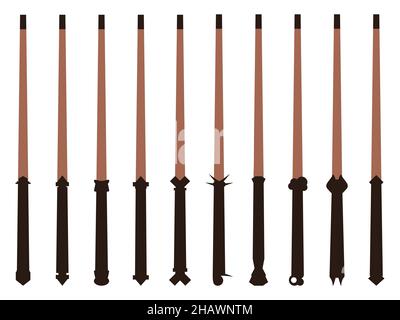 Magic wands icon set isolated on white background. Different types of magic wands. Tool of the wizard and sorcerer. Magic items. Vector illustration Stock Vector