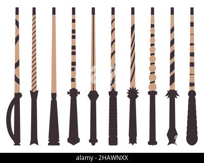 Magic wands icon set isolated on white background. Different types of magic wands. Tool of the wizard and sorcerer. Magic items. Vector illustration Stock Vector