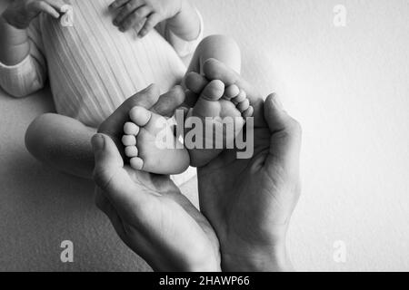 The palms of the father, the mother are holding the foot of the baby.  Stock Photo