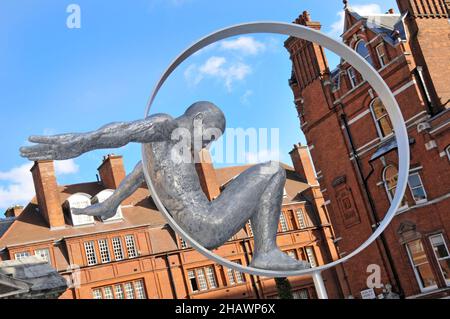 Close up part of male Volare freedom sculpture in Aluminium by Italian sculptor Lorenzo Quinn in urban landscape Brown Hart Gardens England London UK Stock Photo