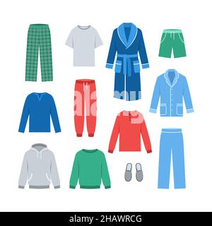 Men home clothes. Flat vector illustration. Comfortable loungewear garments to wear at home. Pants, shirts, pajamas and bathrobe, cozy sleepwear and s Stock Vector