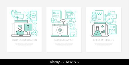 Online consultation with a doctor - modern line design style banners set on white background with copy space for text. Find out state of health using Stock Vector