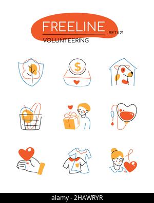 Volunteering - modern line design style icons set in orange color. Caring for the environment, animals, blood donation, charity, giving the essentials Stock Vector