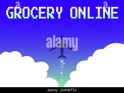 Text sign showing Grocery Online. Word for digital version of supermarket accepting online ordering Illustration Of Airplane Launching Fast Straight Stock Photo