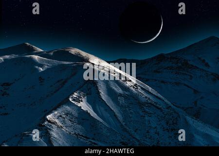 Mountain peak is covered with snow at night time Stock Photo