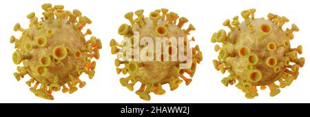 COVID-19 corona virus and textured detail with different view on white isolated background . 3D rendering . Embedded clipping path Stock Photo